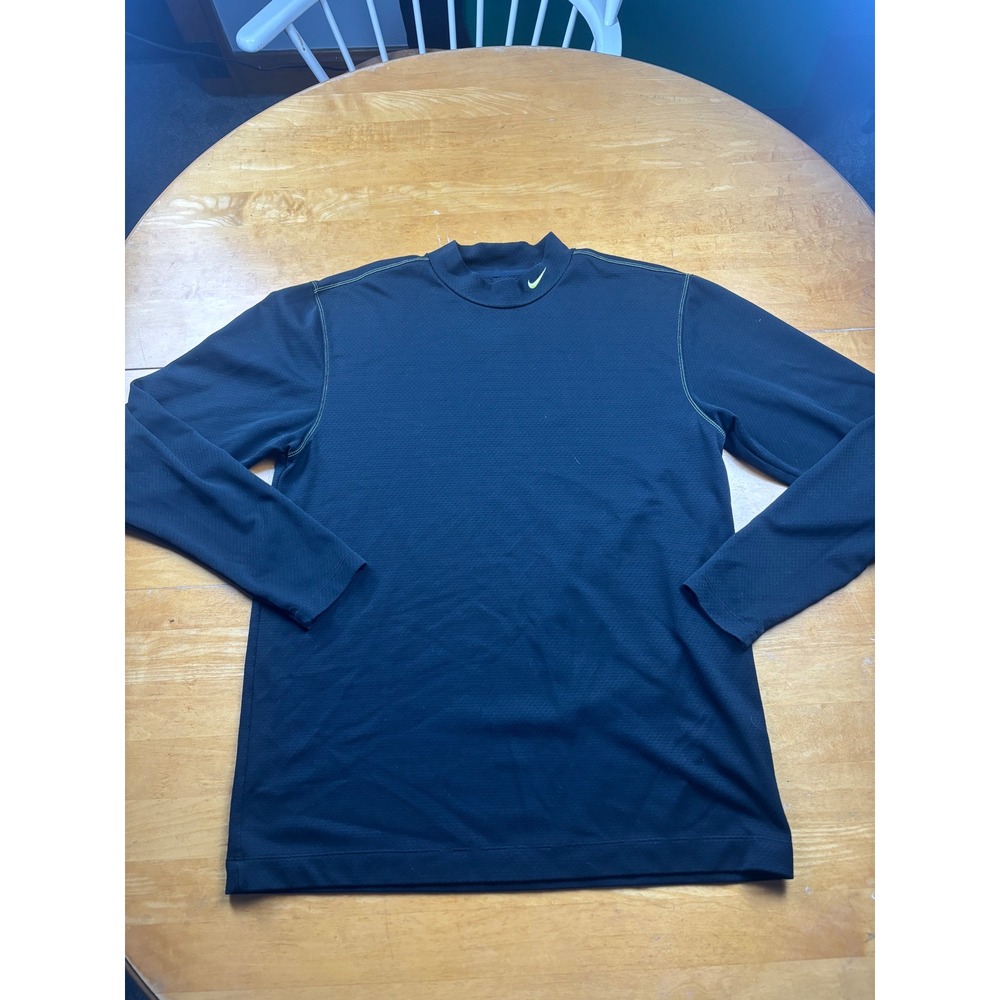 Nike Golf Dri-FIT Mock Neck Long Sleeve Shirt Black Lime Green Swoosh Mens L